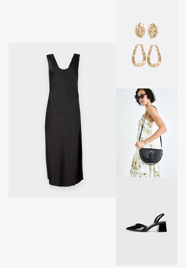 Svart uten ermer kjole med dyp V-hals, laget av glatt stoff. Har en kroppsnær silhuett og faller til kne lengde uten mønstre.; Svarte patentlær slingback hæler med spiss tå og geometrisk blokk hæl. Har et stilrent, minimalistisk design og jevn tekstur.; Svart lærveske med en buet form, avtagbar stropp og gullbeslag. Vesken har et klaff med spenne-detall.; Gullfargede øredobber med teksturerte, bølgete former. Inkluderer skulpturelle klipsstuds og åpen hoop-design med en hamret finish.