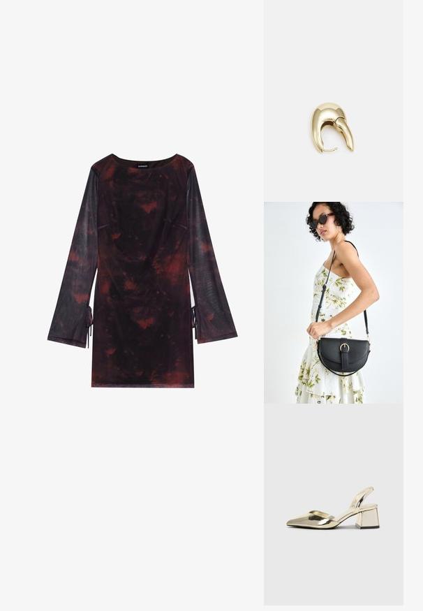 Even&Odd Denní šaty - black/red; Kovové zlaté pantofle na podpatku s špičatou špičkou a masivním podpatkem. Hladký povrch, minimalisticý design a úzký pásek.; Černá kožená kabelka s křivkovým tvarem, odnímatelným popruhem a zlatými detaily. Kabelka má klopu s přezkou.; Náušnice ve zlatém tónu z kovu s elegantním zakřiveným designem. Vyznačují se jedinečným špičatým tvarem, lesklým povrchem a závěsem na kloub.