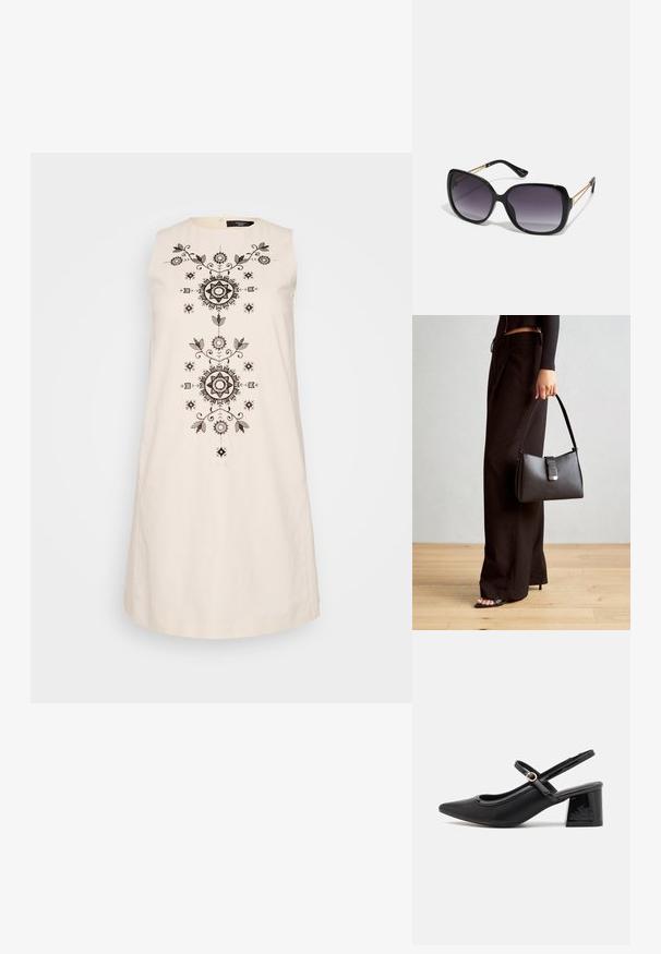 Krémové šaty bez rukávov s precíznou čiernou výšivkou s kvetinovými a geometrickými motívmi v strede a okrúhlym výstrihom.; Čierne lakované kožené lodičky so slingback dizajnom, špicatou špičkou, zaobleným výrezom a blokovým podpätkom. Obsahuje akcent zlatého tónu s prackou.; Čierne oversized slnečné okuliare s gradientovými sklíčkami, hrubými rámami a zlatým retiazkovým detailom na stranách.; Čierna kabelka so štruktúrovaným tvarom, hladkou textúrou a kovovou sponou. V kombinácii so širokými čiernymi nohavicami a sandálmi s otvorenou špičkou na drevenej podlahe.