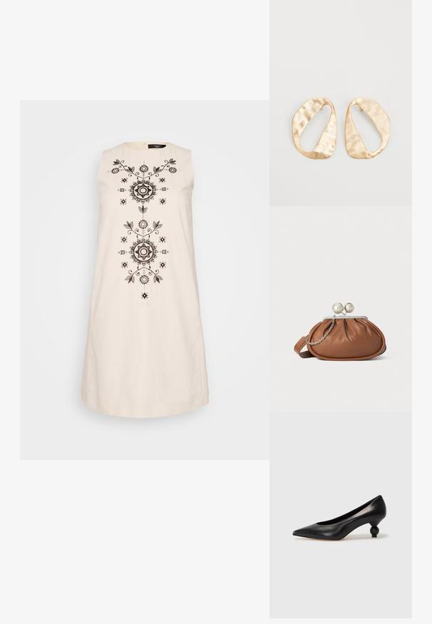 Ilma varrukat kreemikarva kleit, millel on keeruline must tikand, mis sisaldab lille- ja geomeetrilisi motiive keskosas ning ümmargune kaelus.; Must musta kõrge kontsaga king, millel on terav nina ja ümar, pallikujuline konts. Sile pind ja elegantne, minimalistlik disain.; Pruun nahast klambriga rahakott, millel on hõbedane palli klamber ja väike hõbedane kett detail, valgel taustal.; Eba paar eba ebaorditud ovaalkujulisi kuldehhe kaal setertu, kerge keersuju pinnaga valgel taustal.