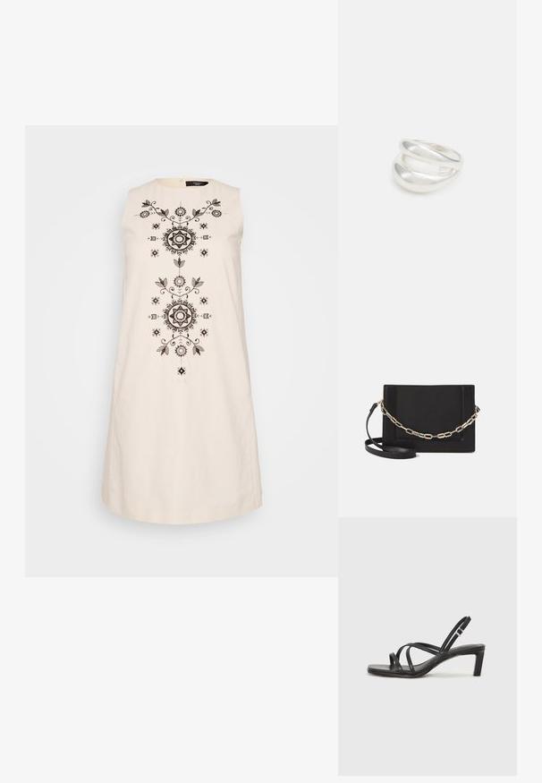 Hihaton kerma-allas mekko, jossa on monimutkaista mustaa brodeerausta kukka- ja geometrisilla motiiveilla keskellä sekä pyöreä kaula-aukko.; Mustat hihnalligat, joissa on neliön muotoinen kärki ja matala lohkokorko. Ominaisuuksiin kuuluu useita ohuita hihnoja ja säädettävä nilkkahihna. Valmistettu sileästä nahasta.; Musta nahkainen olkalaukku, jossa on sileä pinta, suorakulmainen muoto ja metalliketju yksityiskohtana edessä. Mukana säädettävä hihna.; Hopeinen kaksinkertainen rengas, jossa on sileä, kiillotettu pinta. Siinä on sulava, kaareva muotoilu, jossa on päällekkäisiä osia modernin ilmeen saavuttamiseksi.