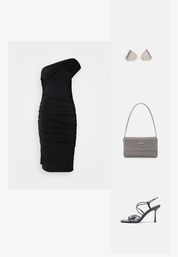 DAY Birger et Mikkelsen DELILAH DAY WISH - Trikotāžas kleita - black; Melnas augstpapēžu sandales ar plāniem siksniņām un mezgla dizainu, gluda kvadrātveida purngalu un elegantu stiletto papēdi.; Gaiši pelēka metāla rokassoma ar ķēdes siksnu, rotāta ar mazām apaļām metāla kniedēm un trīsstūra zīmola logo.; Sudraba metāla auskari ar gludu, asarveida formu un pulētu apdari. Smalkas gravējumi pievieno detalizāciju. Minimālisma dizains.