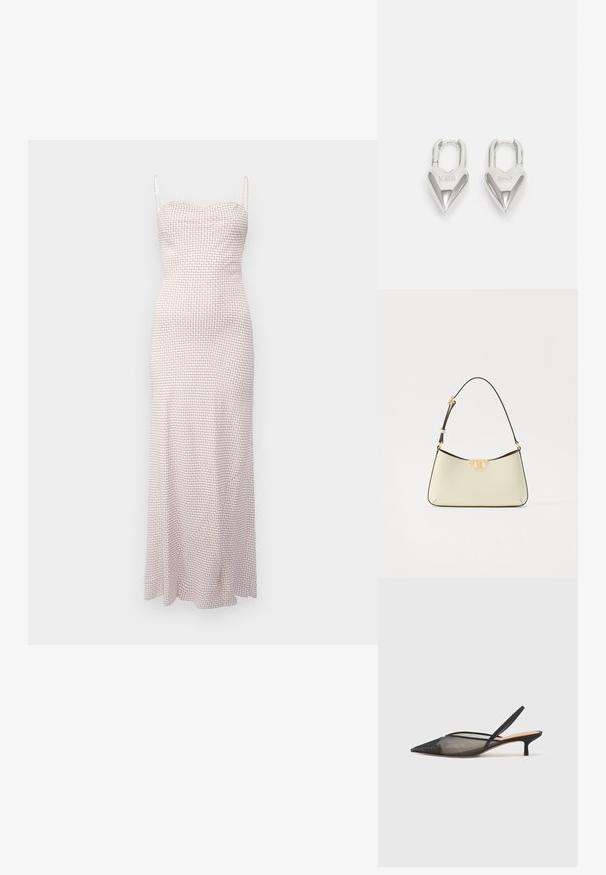 Gara, pieguļošā kleita ar plānām siksnām un teksturētu mazu apļu rakstu rozā un baltā krāsā. Gluda auduma un potītes garuma dizains.; NEOUS IRENA - Klasiski papēži - black; Kriemeļkrāsas ādas rokassoma ar izliekta formas dizainu. Iespējo zelta toņa logotipa uzsvars un plāna, regulējama tumša siksna.; Sudraba sirdī formas piekariņi ar iegravētiem "JĀ" un "NĒ" tekstiem, pulēta apdare, simetrisks dizains un izturīgs metāla aizdare.