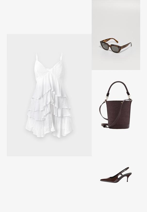 Bílá bezramínková šaty s volánkovými vrstvami, vyrobené z lehkého materiálu s vyšívanými vzory a jemnou texturou. Návrh s výstřihem do V.; Hnědé lakované kožené lodičky na podpatku s špičatou špicí, otevřenými výřezy a tenkým podpatkem. Disponují nastavitelným páskem se sponou.; Sluneční brýle s kočičími ušima a šedými skly. Mají úhlové obroučky, lesklý povrch a decentní logo na stranách.; Hnědá proplétaná kabelka ve tvaru kbelíku se strukturovaným vzhledem, hladkými koženými detaily, horním uchem a odnímatelným ramenním popruhem. Zlaté kovové detaily.