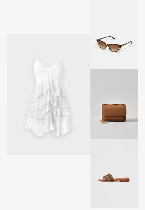 Vestido branco sem mangas com camadas de babados, feito de tecido leve com padrões de ilhós e uma textura delicada. Design em V.; Sandália de slide castanha com duas largas tiras de tecido num padrão escuro, apresenta um salto plano e um detalhe de ferragem dourada.; Óculos de sol estilo gato com padrão tartaruga, lentes graduadas castanhas e hastes finas com subtis detalhes dourados.; Bolsa crossbody de couro texturizado castanho com alça de corrente dourada e fecho com aba. A parte da frente apresenta detalhe do logótipo e um bolso sob a aba.
