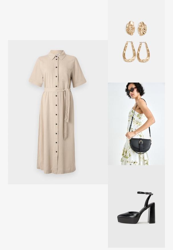 Vestido midi bege, abotoado, com mangas curtas, colarinho, bolso no peito e um cinto de tecido à condizer. Textura suave semelhante ao algodão.; Saltos altos pretos com bico fino e atilho ajustável no tornozelo. Confeccionados em couro suave, apresentam um salto bloco robusto.; Bolsa de couro preta com forma curva, alça destacável e detalhes em dourado. A bolsa possui uma aba com detalhe de fivela.; Brincos em tom de ouro com formas onduladas e texturizadas. Inclui studs escultóricos com presilha e um design de argola aberta com um acabamento martelado.