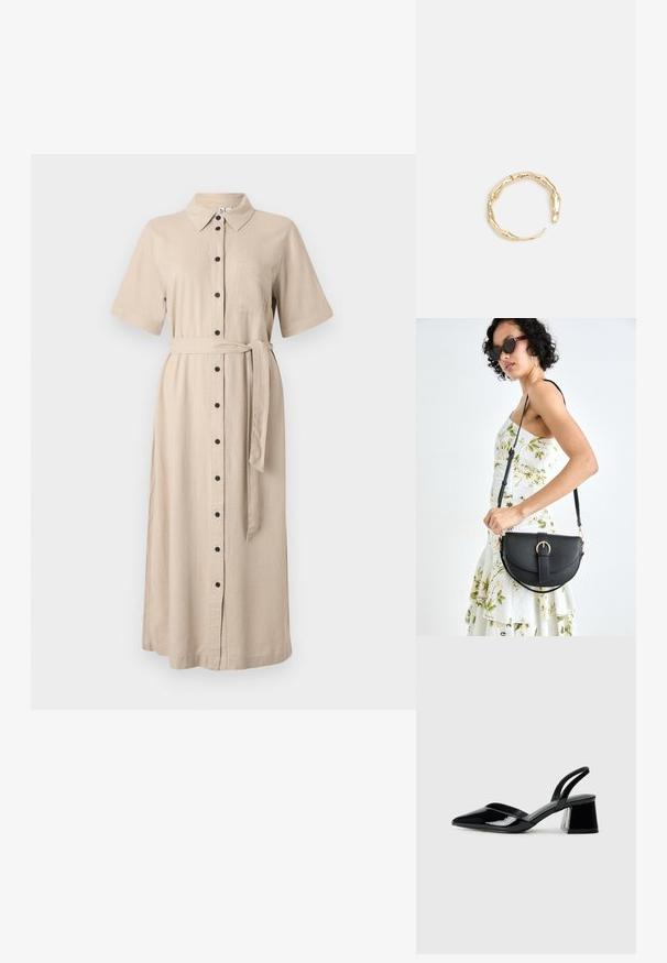 Bēšas krāsas kleita midi garumā ar pogām, īsām piedurknēm, apkakli, krūšu kabatu un atbilstošu auduma jostu. Gluda kokvilnai līdzīga tekstūra.; Melna lakota āda ar atvērto papēdi, ar smailu purngalu un ģeometrisku blokpapēdi. Iezīmējas elegants, minimāls dizains un gluda tekstūra.; Melnas ādas rokassoma ar izliekta formu, noņemamu siksnu un zelta aksesuāriem. Somai ir vāciņš ar sprādzes detaļu.; Zelta toņa gredzens ar organisku, vērptu dizainu, gludu virsmu un sašaurinātiem galiem, radot mūsdienīgu, skulpturālu izskatu.