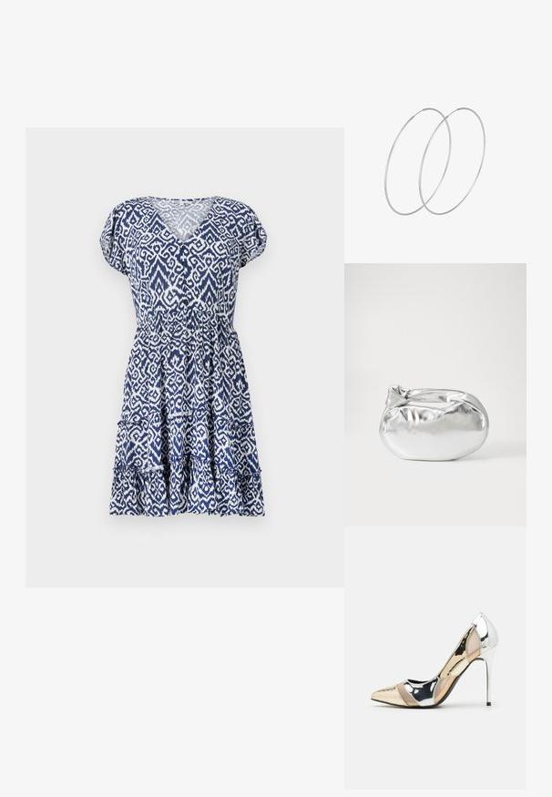 Zils un balts rakstains kleita ar V-veida kakla izgriezumu, īsām pūkainām piedurknēm, elastīgu jostu un vairāku līmeņu svārku ar frēzēšanu. Izgatavota no viegla auduma.; Apspīlēta augstpapēžu kurpe ar zeltītu, sudrabi un neitrālu krāsu kombināciju. Spīguļojoša virsma ar izgriezuma dizainu, aprīkota ar stiletto papēdi.; Sudraba metāliska poga somiņa ar mīkstu, noapaļotu formu un mezgla augšējo aizdari. Izgatavota no gludas mākslīgās ādas materiāla.; Sudraba gredzenveida auskari ar minimālistisku dizainu. Cirkulāra forma, gluda tekstūra un plāns profils. Vieglu svaru ar spīdīgu apdari.