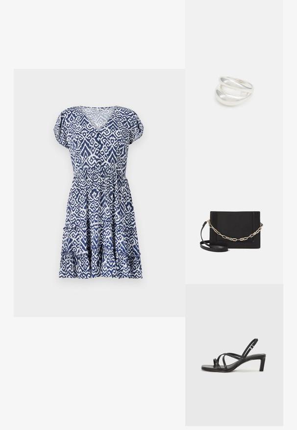 Mėlynos ir baltos spalvos raštuotas suknelė su V formos iškirpte, trumpomis pūstomis rankovėmis, elastinga juosmens dalimi ir sluoksniuotu volaniniu apvadu. Pagaminta iš lengvos medžiagos.; Juodi šlepetės su kvadratiniu pirštu ir žemu bloku kulnu. Yra keli ploni dirželiai ir reguliuojamas kulkšnies diržas. Pagaminti iš lygios odos.; Juodas odinis per petį nešiojamas krepšys turi lygų paviršių, stačiakampio formą ir metalinę grandinėlę priekyje. Pridedama reguliuojama dirželis.; Sidabrinis dvigubas žiedas su lygiu, poliruotu paviršiumi. Pasižymi sklandžiu, kreiptu dizainu su persipinančiomis dalimis, suteikiančiomis modernų išvaizdą.