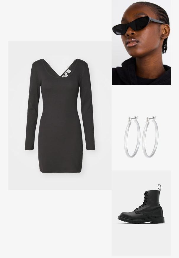 Zwart, geribd jurkje met lange mouwen en een diepe V-halslijn, met een aansluitende pasvorm. De stof lijkt elastisch met een gladde textuur.; Zwarte leren gevechtslaars met een ronde neus, vetersluiting aan de voorkant en een lusje bij de enkel. Kenmerkt zich door een dikke rubberen zool voor duurzaamheid.; Zwarte cat-eye zonnebril met een matte afwerking, met een stijlvolle vorm en licht gebogen randen, geplaatst tegen de donkere kleding van een model.; Zilveren oorbellen in de vorm van een gladde, gepolijste ring. Ronde vorm met een veilige kliksluiting. Lichtgewicht ontwerp, geschikt voor dagelijks gebruik.