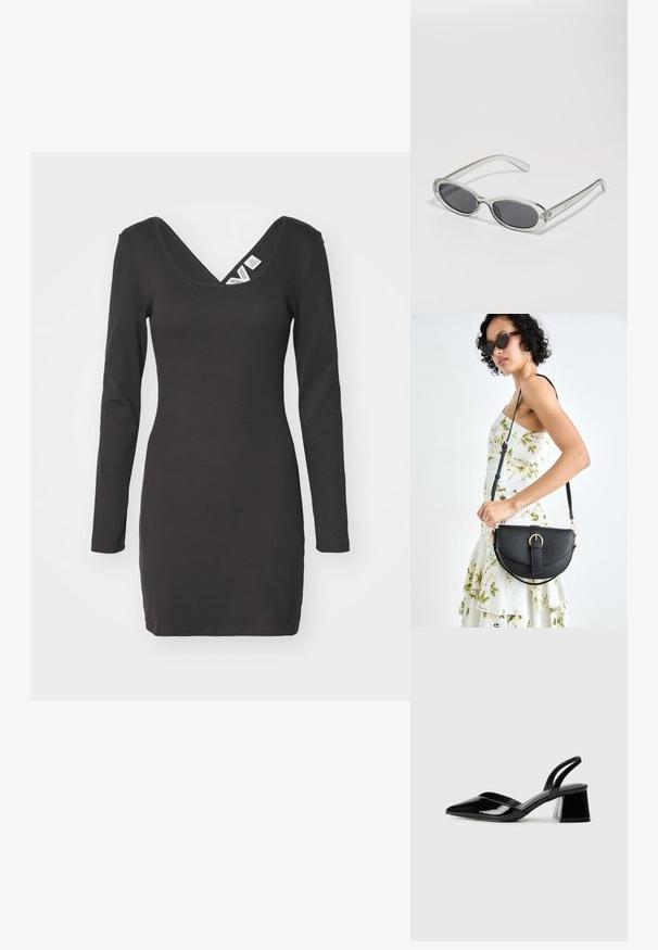 Hosszú ujjú, fekete bordás ruha mély V-nyakkivágással és testhez simuló fazonnal. Az anyag rugalmasnak tűnik, sima textúrával.; Fekete lakk bőr szandálkés magas sarkú cipő, hegyes orral és geometrikus tömbsarkakkal. Karcsú, minimalista dizájn és sima textúra jellemzi.; Ovális formájú napszemüveg, átlátszó műanyag keret, sötétszürke lencsék és vékony, átlátszó szárak, logóakkcentussal és minimális díszítéssel.; Fekete bőrtáska ívelt formával, levehető pánttal és arany színű fémrészekkel. A táskán egy csattal díszített fedél található.