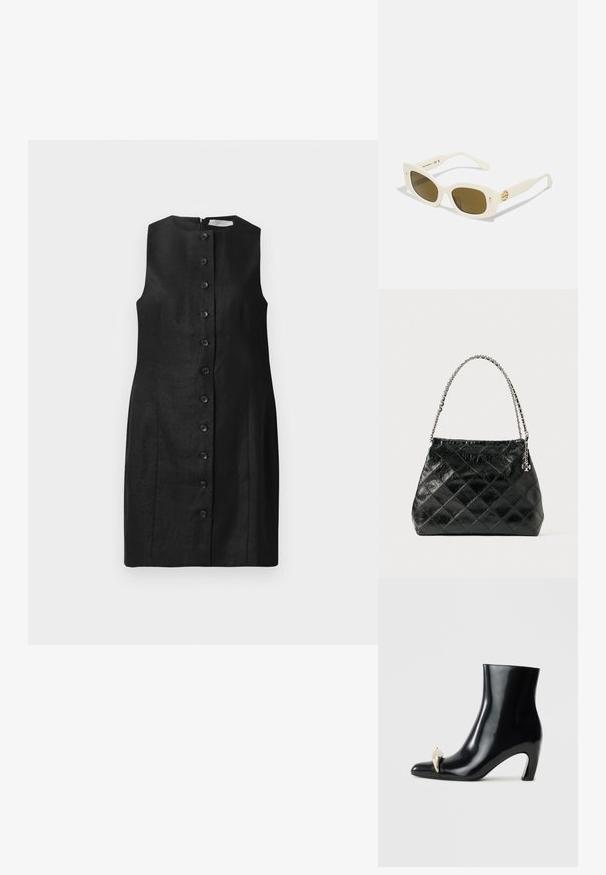Svart ärmlös klänning i linne, med rak skärning, rund halsringning och sex knappar framtill, med en slät textur.; Svarta ankelstövlar i glänsande läder, med spetsig tå och en dekorativ guld- och silverdetalj framtill. Blockklackdesign.; Vita plastsolglasögon med rektangulärt båge, bruna linser och en gyllene detalj vid skafft.; Svart quiltad läderhandväska med ett handtag i silverkedja, med en strukturerad design och slät yta.