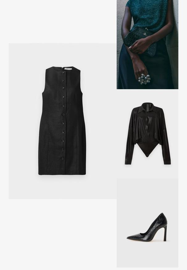 Black sleeveless dress made of linen, featuring a straight cut, round neckline, and six front buttons with a smooth texture.; Black bodysuit with long sleeves, V-neck, and a fitted silhouette. Made of shiny, smooth fabric with a structured collar and cuffs.; Black pointed-toe high heel shoe with a crocodile-skin texture, featuring a sleek design, high stiletto heel, and smooth black interior.; Black crocodile-patterned clutch bag with silver hardware, held against a textured gray background. Features a shiny surface.