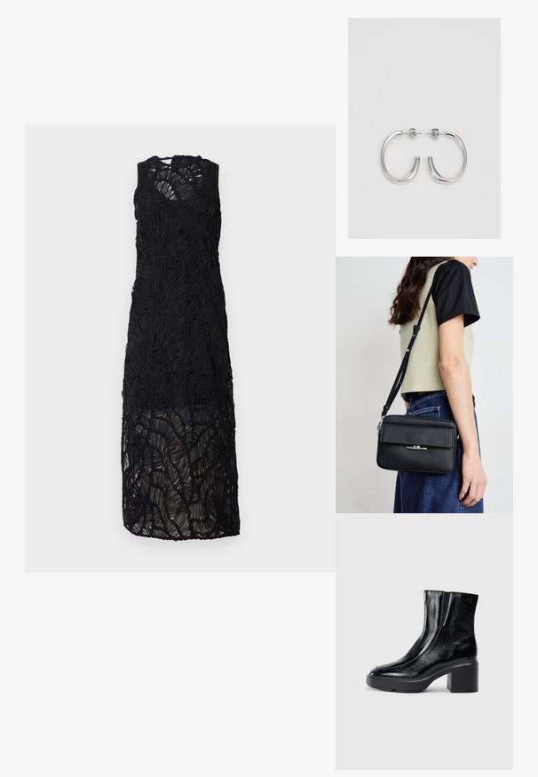 Schwarzes, ärmelloses Kleid mit einem strukturierten, geschichteten Design. Verfügt über ein transparentes Gewebe mit Rüschenakzenten und einem knielangen Saum.; Schwarze Lackleder-Stiefeletten mit einer geschwungenen Zehenpartie, elastischen Seiteneinsätzen und einem klobigen Blockabsatz. Mit geprägtem Logo auf der Rückseite.; Calvin Klein LINEAR CAMERA BAG - Umhängetasche - black; Silberne Creolen mit einer glatten, glänzenden Oberfläche. Abgerundete Form, leichtes Design, mit einer Steckverschluss.