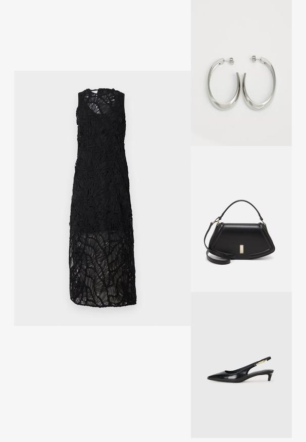 Zwarte, mouwloze jurk met een textuur en gelaagd ontwerp. Bevat transparante stof met gerimpelde accenten en een knie-lange zoom.; Zwarte leren slingback hakken met een spitse neus, voorzien van een slanke hak en een goudkleurige accent op de verstelbare band. Gladde textuur.; Zwarte leren handtas met een gestructureerd ontwerp, featuring een verkorte vorm, bovenhandvat en gouden hardwareaccent. Inclusief verstelbare schouderband.; Zilveren oorringen met een gladde, gebogen vorm. Voorzien van een glanzende metallic afwerking en studsluiting. Geen zichtbare patronen of accenten.