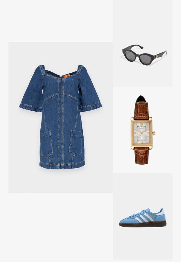 Farmerdzseki, rövid széles ujjal, V-alakú dekoltázzsal, elülső cipzárral és két folttal ellátott zsebbel. Kék szövetből készült, és látható varrásokkal rendelkezik.; Világoskék velúr sneaker, fehér bőr csíkkal, barna texturált talppal és arany logó részlettel. Alacsony szárú dizájn, kerek orral.; Fekete napszemüveg szögletes macska szem formával, sötét árnyalatú lencsékkel. Arany logó díszítés a szárán. Simára polírozott műanyag keret.; Casio kvarcóra téglalap alakú, arany színű tokkal, fehér számlappal, arany órjelekkel és barna krokodilmintás bőrszíjjal. Vízálló.