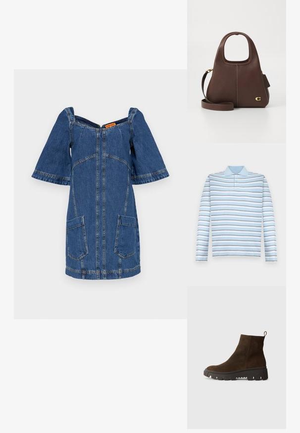Denimkleid mit kurzen, weiten Ärmeln, V-förmigem Ausschnitt, Zip-Vorverschluss und zwei aufgesetzten Taschen. Aus blauer Baumwolle mit sichtbaren Nähten.; Hellblaues Langarm-Polohemd mit horizontalen grauen und weißen Streifen und einem Kragen.; Braune Wildleder-Ankle-Boots mit einer stabilen schwarzen Gummisohle, leichtem Absatz und einer Schlaufe auf der Rückseite für einfaches Anziehen.; Braune Lederhandtasche mit rundem Griff, subtiler Textur und goldenen Hardware-Details; umfasst einen abnehmbaren Schultergurt und ein Etikett.
