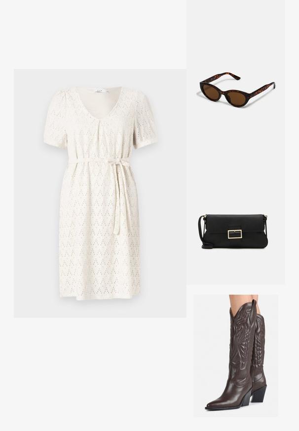 Rochie albă cu mâneci scurte și decolteu în V, având un model de ochi de diamant și o curea legată în talie pentru un aspect ajustat. Textură moale și material ușor.; Bocanci de cowboy din piele maro, cu vârf ascuțit și toc pătrat, având cusături detaliate și accente ridicate pe tijă.; Ochelari de soare tortoiseshell maronii cu o formă retro de ochi de pisică și lentile maronii. Au brațe curbate cu accente roșii.; Geantă de mână din piele neagră, cu clapetă și un detaliu din metal auriu. Include o curea neagră și un design elegant, minimalist.