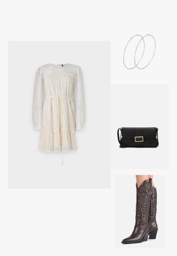 Kremasta haljina s dugim, prozirnim puff rukavima, skupljenim korzetom i haljinom s više slojeva. Sadrži suptilne srebrne detalje i pojas s vezicom.; Smeđe kožne kauboj čizme s šiljastim vrhom i blok-potpeticom, s detaljno izvezenim šavovima i uzdignutim naglascima na okovu.; Crna kožna clutch torbica s preklopom i zlatnim metalnim detaljem kopče. Uključuje crnu trakicu i elegantan, minimalistički dizajn.; Srebrne okrugle naušnice s minimalističkim dizajnom. Kružni oblik, glatka tekstura i tanak profil. Lagane s poliranim završetkom.