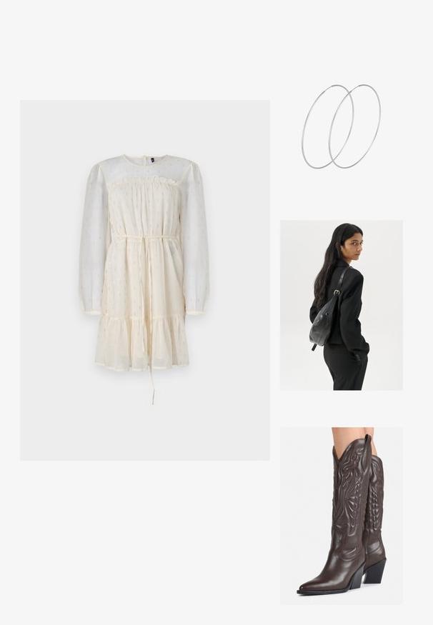 Kreemivärvi kleit, millel on pikad, läbipaistvad puhvkeeslehed, kogutud rinnaosa ja kihiline seelik. Omab delikaatseid hõbedaseid detaile ning nööriga vööd.; Pruunid nahast cowboy saapad terava varbaga ja plokk-kandaga, millel on detailne tikand ja kergelt tõstetud aktsendid varrel.; Pikkade tumehaired naine mustas ülikonnas, kandes musta nahast õlakotti, vaatab üle õla valge tausta taustal.; Hõbedased rõngastikkaehingad minimalistlikus disainis. Ümar kuju, sile tekstuur ja õhuke profiil. Kerged ning poleeritud viimistlusega.