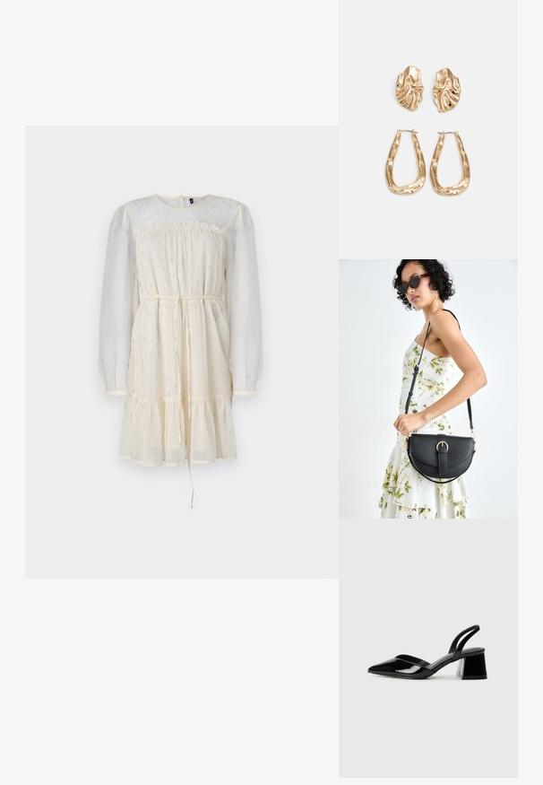 Rochie crem cu mâneci lungi din material transparent, cu volan, un corset strâns și o fustă în straturi. Are accente subtile de argint și un tiv cu șnur.; Pantofi cu toc slingback din piele lacuită neagră, cu vârf ascuțit și toc geometric. Prezintă un design elegant, minimalist și o textură netedă.; Geantă din piele neagră, cu o formă curbată, curea detașabilă și accesorii aurii. Geanta are un capac cu un detaliu tip cataramă.; Cercei aurii cu forme texturate și ondulate. Include studs sculpturale cu clip și un design de cerc deschis cu un finisaj cioplit.