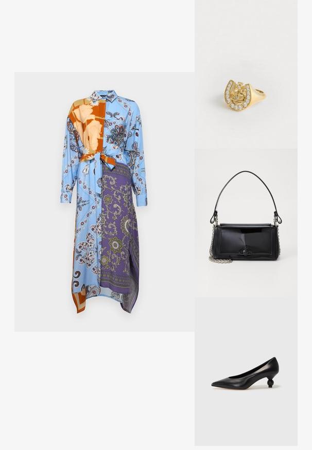 Weekend Max Mara SAMARIA - Paitamekko - verde pastello; Musta nahkakengät korkealla korolla, joissa on terävä kärki ja pyöreä, pallomainen korko. Sileä pinta ja tyylikäs, minimalistinen muotoilu.; Musta lakattu nahkalaukku suorakaiteen muotoisena, ketjuhihnalla ja erottuvalla varustusesineellä keskellä. Siveltimellinen pinta.; Kultainen sormus, jossa on kruunusuunnittelu hevosenkenkämuodossa, koristeltuna pienillä kirkkailla jalokivillä, valkoisella taustalla.