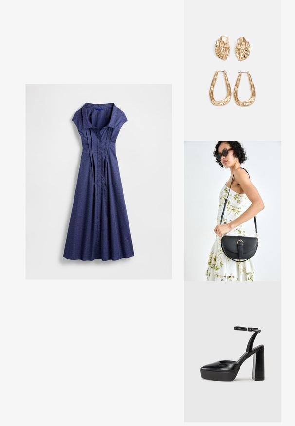 Tums zilas pogas kleita ar īsām piedurknēm, ar plisētu dizainu un baltām punktiņām, plūstoša svārku daļa un apkakle.; Melnas platformas papēžs ar norādītu purngala formu un regulējamu potītes siksniņu. Izgatavotas no gludas ādas, ar masīvu bloku papēdi.; Melnas ādas rokassoma ar izliekta formu, noņemamu siksnu un zelta aksesuāriem. Somai ir vāciņš ar sprādzes detaļu.; Zelta krāsas auskari ar teksturētām, viļņotām formām. Iekļauts skulpturāls piespraužams modelis un atvērta gredzenveida konstrukcija ar izsistām virsmām.