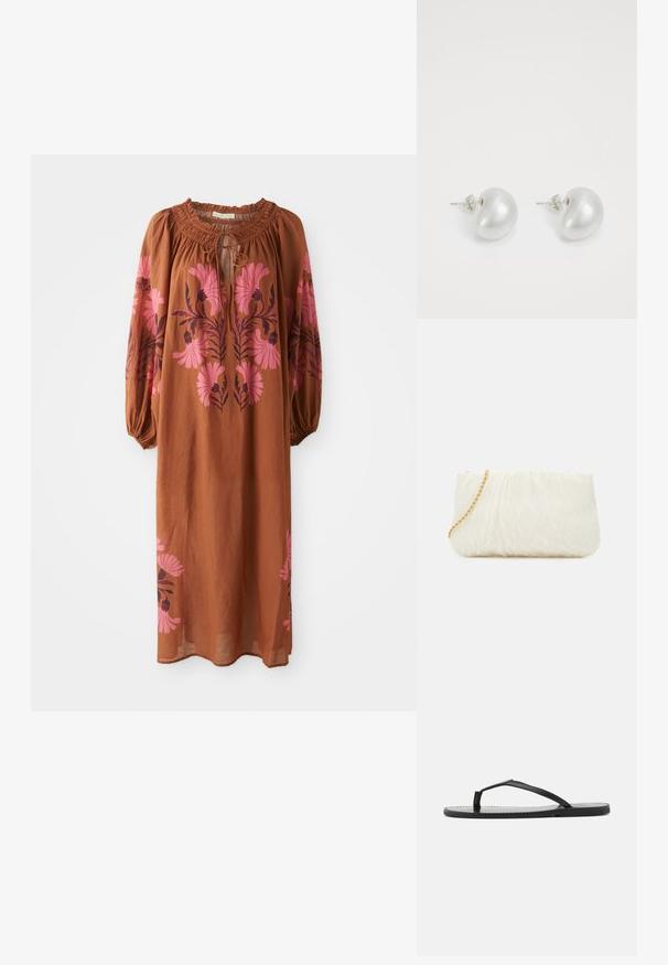 Brown, flowy dress with long sleeves. Features a gathered neckline with tie closure and pink floral embroidery on either side.; Black flip-flop with a minimalist design, featuring thin straps and a flat sole. The material appears plastic with a smooth texture.; White textured clutch bag with a gathered design, featuring a gold chain strap. Smooth finish with subtle waves and rounded edges.; Silver pearl earrings with a curved, bean shape. Smooth, shiny surface and secured with a post and back closure.