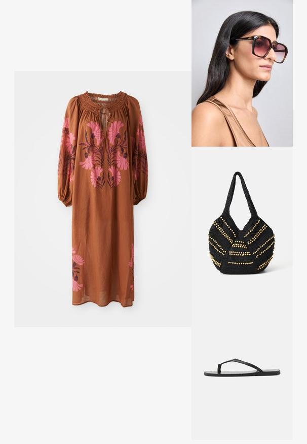 Brun, flydende kjole med lange ærmer. Har en samlet halsudskæring med snøre-lukning og lyserød blomsterbroderi på begge sider.; Sorte flip-flops med minimalistisk design, der har tynde stropper og en flad sål. Materialet ser ud til at være plast med en glat overflade.; Store store solbriller i stor firkantet form med en ramme i brun skildpadde og gradient rosa linser. Har et guld-logo som accent på stangen.; Vanessa Bruno PANIER - Skuldertasker - noir