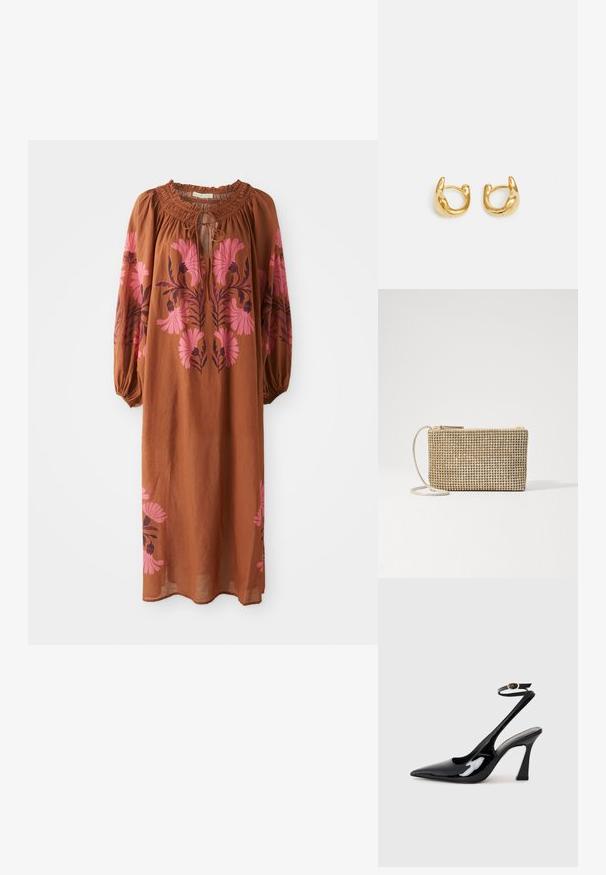 Braunes, fließendes Kleid mit langen Ärmeln. Verfügt über einen gerafften Ausschnitt mit Bindeband und pinkfarbener floraler Stickerei auf beiden Seiten.; Schwarze Lackleder-Slingbacks mit spitz zulaufender Zehenpartie, verstellbarem Knöchelriemen und moderatem Blockabsatz. Glatte Textur mit glänzender Oberfläche.; Loeffler Randall YASMINE FLAT CLUTCH - Umhängetasche - gold; Goldene Creolen mit einem glatten, runden Design und einer polierten Oberfläche. Die Ohrringe haben eine kompakte, klobige Form und einen nahtlosen Verschluss.