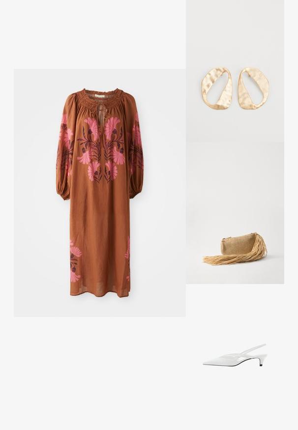Abito marrone fluido con maniche lunghe. Presenta un collo arricciato con chiusura a lacci e ricami floreali rosa su entrambi i lati.; Décolleté bianco con punta affilata, caratterizzato da una tomaia liscia, sottili aperture e un tacco a blocco basso. La suola nera esalta il design.; Cult Gaia VIERA - Pochette - natural; Un paio di orecchini in metallo di tonalità dorata, di forma ovale irregolare, con superficie texturizzata e leggermente martellata, su uno sfondo bianco.