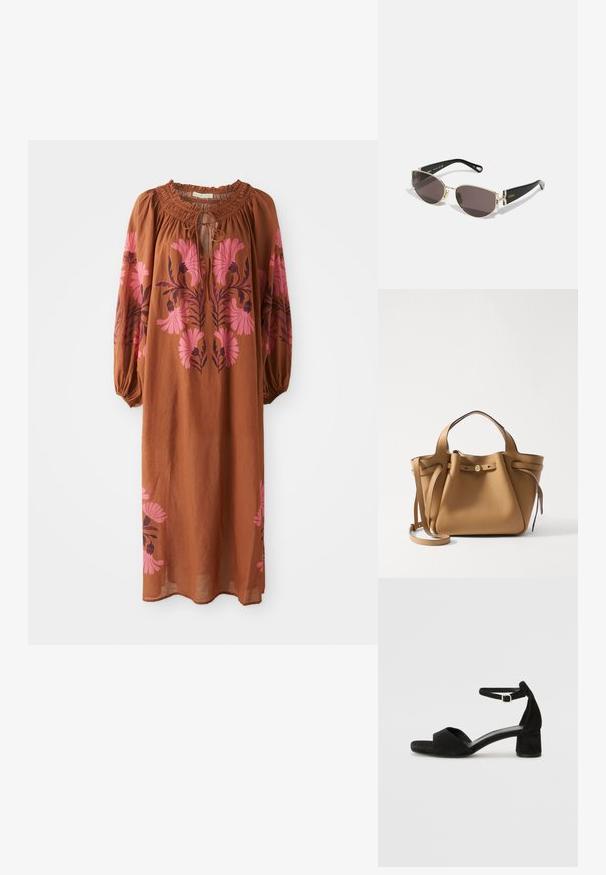 Bruine, vloeiende jurk met lange mouwen. Kenmerkt zich door een geplooide halslijn met striksluiting en roze bloemenborduursel aan beide zijden.; Zwarte suede hakken met een dunne enkelband, open teen ontwerp en een bescheiden blokhak. Zachte textuur en minimale accenten.; Zwarte en gouden zonnebril met een smal, ovaal frame, donkere lenzen en decoratieve hardware bij de veren. Lichtgewicht en slank ontwerp.; Tory Burch ROMY PEBBLED SATCHEL - Handtas - tiramisu