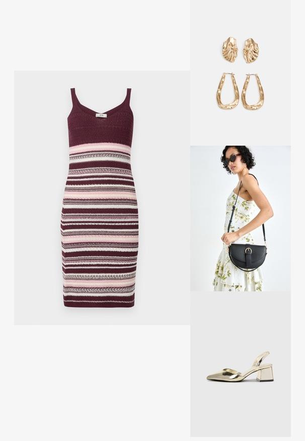Strikket kjole med en tettsittende silhuett, spaghettistropper og et stripete mønster i burgunder, rosa og krem. Teksturen er glatt og elastisk.; Gull, metallisk slingback-hæler med spiss tå og chunky hæl. Glatt tekstur, minimalistisk design og en smal stropp.; Svart lærveske med en buet form, avtagbar stropp og gullbeslag. Vesken har et klaff med spenne-detall.; Gullfargede øredobber med teksturerte, bølgete former. Inkluderer skulpturelle klipsstuds og åpen hoop-design med en hamret finish.