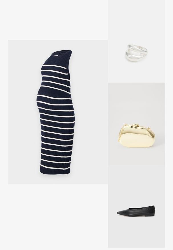 Mörkblå rippad klänning med vita horisontella ränder, ärmlös design, figursydd silhuett, knälång, rundad halsringning.; Svart läderballetflat, spetsig tå, minimalistisk design, slät textur, låg klack, ingen synlig hårdvara eller utsmyckningar.; Metallisk guldclutch med en slät, rund form, som har en knappstängning på toppen och ett litet kedjehandtag för bärande.; Silver ring med dubbel band och en slät, polerad yta. Har en flödande, böjd design med överlappande sektioner för en modern stil.