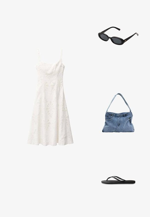 Mango GEMMA - Vardagsklänning - off-white; Svart flip-flop med en texturerad gummisula, två slanka remmar och en subtil, präglad logodetalj på remmen.; Svarta överdimensionerade solglasögon med ovala linser, slät plastbåge och guldaccent på bågarna. Mörka linser ger solskydd.; Denimaxelväska med en böjd rem, två frampocket och en knäppt topp, med ljusblått tyg och kontrasterande sömdetaljer.