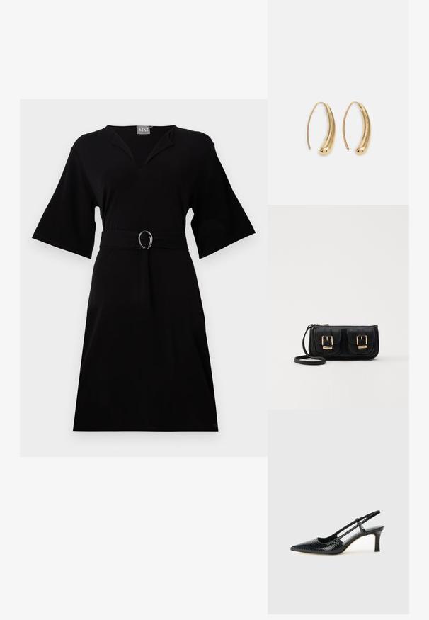 Czarna sukienka z miękkiego materiału, z dekoltem w kształcie litery V, dzwonowymi rękawami, wcięciem w talii z okrągłą klamrą oraz długością do kolan.; Czarne lakierowane czółenka na obcasie typu slingback z wąskim noskiem, z teksturowanym wzorem wężowym, regulowanym paskiem oraz krótkim, teksturowanym obcasem w kształcie słupka.; Czarna skórzana torba na ramię z dwoma przednimi kieszeniami, złotymi klamrami, zamkiem błyskawicznym i cienkim paskiem. Teksturowana powierzchnia i kompaktowy prostokątny kształt.; Złote metalowe kolczyki w kształcie obręczy o zakrzywionym, wydłużonym kształcie. Posiadają gładką, błyszczącą powierzchnię oraz zaokrąglony koniec dla dodatkowego efektu.