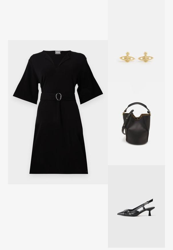 Musta kleit pehmest kangast, millel on V-kaelus, kellukese varrukad, eritootud vöökoht ringikujulise klambriga ja põlvekõrgune hem.; Must must have must toote tõmblukuga, dekoratiivsed rihmad metallist silmadega ja madal blokk-kand. Tekstureeritud pind.; Mustast nahkämbriga kott tekstuurses viimistluses, kuldsete metalldetailide aktsentidega ja avatud ülaosaga. Omab lühikest käepidet ja reguleeritavat õlavarre rihma.; Vivienne Westwood MINI BAS RELIEF EARRINGS - Kõrvarõngad - gold-coloured