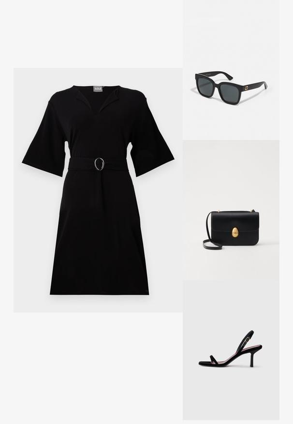 Čierne šaty vyrobené z mäkkej tkaniny, s výstrihom do V, zvonovými rukávmi, s uzkým pásom a kruhovou sponou, a dĺžkou po kolená.; Čierne semišové dámske sandále na vysokom opätku s tenkými popruhmi a zlatou prackou na bielom pozadí, bočný pohľad.; Čierne slnečné okuliare s obdĺžnikovými šošovkami, s lesklým povrchom a zlatými logovými akcentmi na stranoch. Tmavošedé šošovky poskytujú UV ochranu.; Čierna kožená kabelka so štruktúrovaným obdĺžnikovým tvarom. Obsahuje zlaté oválne zapínanie a tenký ramenný popruh. Hladká textura.