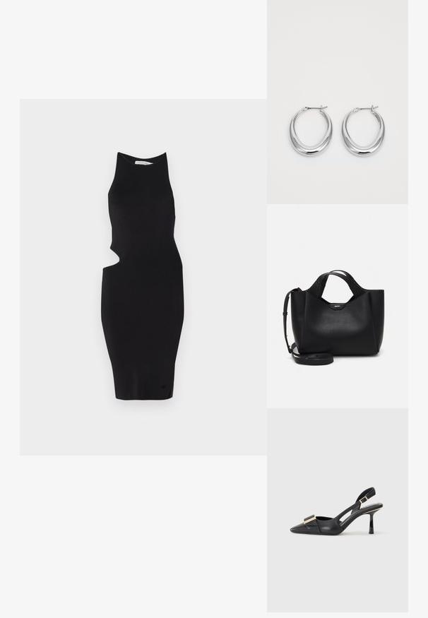Svart ribbestrikket kjole med høy hals og et asymmetrisk utsnitt på venstre side, tilpasset passform, knelengde.; Svart skinn slingback-sko med spiss tå, slank hæl og gullfarget detalj på vampen. Glatt tekstur og strukturert design.; Svart skinnhåndveske med teksturert finish, vinklet form, doble håndtak og justerbar skulderrem. Har et DKNY-logo som detaljer.; Et par polerte sølv halvmåne hoop øredobber med hengselspenner på hvit bakgrunn.