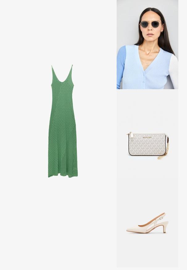 Grünes, gestricktes Midikleid mit einem runden Ausschnitt, das ein strukturiertes Rautenmuster und dünne Träger aufweist und bis zu einem ausgestellt geschnittenen Saum reicht.; Weiße Slingback-Absätze mit spitzer Zehenpartie, glattem Obermaterial, niedrigem Blockabsatz und seitlichem Ausschnitt-Design mit verstellbarem Schnallenriemen.; Runde Sonnenbrillen mit dunklen Gläsern und goldenen Rahmen. Das Modell trägt eine hellblaue, gerippte Strickjacke mit Knöpfen und weißen Kontrastärmeln.; Michael Kors Clutch in beige beschichtetem Canvas mit einem wiederholten MK-Logo-Muster, goldfarbener hardware und einem abnehmbaren Kettenriemen.