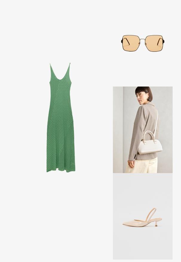 Grøn strikket midi kjole med scooped halsudskæring, der har et struktureret diamantmønster og tynde stropper, der falder ned til en flared kant.; Beige patenteret læder slingback høje med spids tå og en slank, firkantet hæl. Glat tekstur og minimalistisk design uden udsmykninger.; Firkantede solbriller med brune linser og en tynd sort metalramme. Har skrå templer og justerbare næsepuder for komfort.; Hvid struktureret taske med korte håndtag og en skulderrem, prydet med guldfarvede hardwaredetaljer og tekstureret materiale, præsenteret mod en grå baggrund.