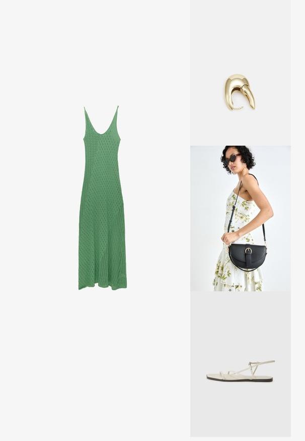 Grünes, gestricktes Midikleid mit einem runden Ausschnitt, das ein strukturiertes Rautenmuster und dünne Träger aufweist und bis zu einem ausgestellt geschnittenen Saum reicht.; Beige flache Sandale mit mehreren schlanken Riemen und einer verstellbaren Schnalle. Die Sohle ist flach und hat einen leichten dunklen Kontrast am Rand.; Schwarze Lederhandtasche mit geschwungener Form, abnehmbarem Tragegurt und goldenen Beschlägen. Die Tasche verfügt über einen Deckel mit einer Schnallen-Details.; Ohrringe aus goldfarbenem Metall mit einem schlanken, geschwungenen Design. Sie verfügen über eine markante, spitze Form, eine polierte Oberfläche und einen Scharnierverschluss.