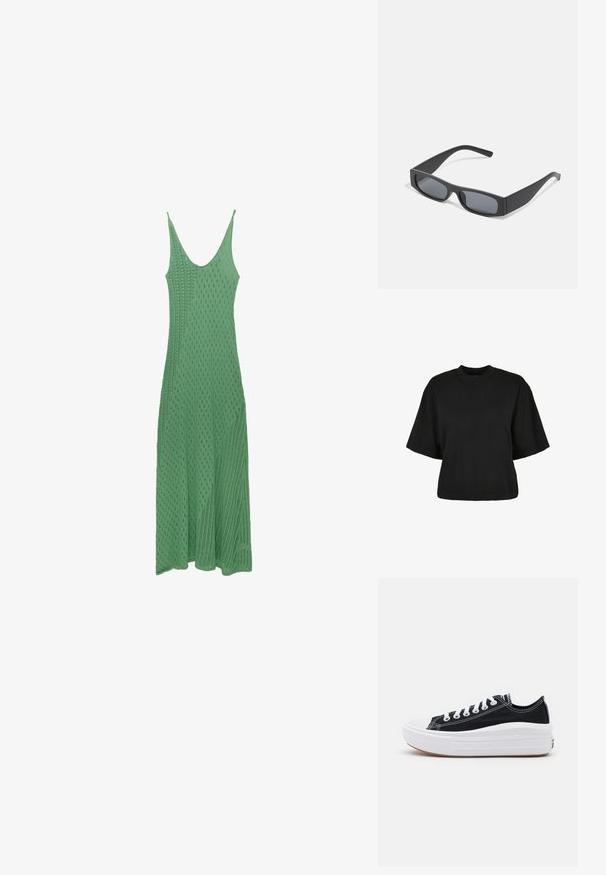 Zelené pletené midi šaty s výstrihom do lodičky, s textúrovaným diamantovým vzorom a tenkými ramienkami, padajúce do rozšíreného spodného lemu.; Čierne skrátené tričko z bavlny. Disponuje krátkymi rukávmi a okrúhlym výstrihom. Hladká textúra s jednoduchým dizajnom, bez ďalších vzorov.; Čierne plátenné tenisky s bielymi šnúrkami, bielym gumovým špičkovým krytom a robustnou bielou medzipodrážkou. Obsahujú jemné biele švy a gumenú podrážku.; Čierne obdĺžnikové slnečné okuliare s tmavými sklami a hrubými matnými rámami. Ramena sú mierne zúžené s hladkým povrchom.