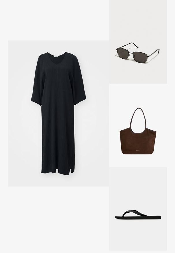 Crna haljina do koljena s opuštenim krojem, s izrezom u obliku lopte i rukavima do tri četvrtine. Teksturirani materijal s suptilnim uzorkom.; Crne gumene japanke s teksturiranim remenom i jednostavnom ravnom potplatom, prikazane s strane na jednostavnoj svijetloj pozadini.; Crne metalne naočale s ovalnim okvirima, tamnim staklima, tankim nogicama i suptilnim logotipom na lijevom staklu. Elegantna, minimalistička dizajn.; Smeđi suédé tote torba s glatkim kožnim detaljima, širokim mekanim naramenicama i utisnutim logotipom sprijeda. Ima minimalistički dizajn.