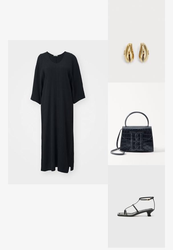 Schwarzes knielanges Kleid mit lockerem Schnitt, das einen Rundhalsausschnitt und Dreiviertelärmel aufweist. Strukturierter Stoff mit feinem Muster.; Schwarze Ledersandale mit quadratischer Zehenpartie, dünnen Riemen, verstellbarem Knöchelriemen und einem niedrigen Absatz. Mit einem kleinen goldenen Akzent am Riemen.; Schwarze Handtasche aus Krokodilprägung mit strukturiertem Design, Oberhandgriff, verstellbarem Tragegurt und einem auffälligen Logo-Detail auf der Vorderseite.; Goldfarbene Ohrringe mit fließendem, geschwungenem Design. Jeder Ohrring hat eine glatte Oberfläche und einen kleinen Verschluss mit einem dekorativen Detail.