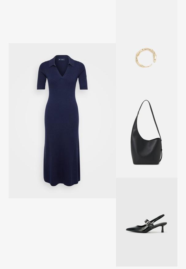 Marinblå ribbad trikåklänning med V-halsringning och korta ärmar, med en figursydd överdel och utsvängd kjol, tillverkad av mjukt material.; Svarta patentläder slingback-klackar med spetsig tå och en liten blockklack, med en silvrig spänneaccent på remmen.; Svart läder hobo-väska med en slät textur, kurvig form och en justerbar axelrem; har en bred öppning upptill.; Ring i guldutförande med en organisk, vriden design, slät yta och avsmalnande ändar, vilket ger ett modernt, skulpturalt utseende.