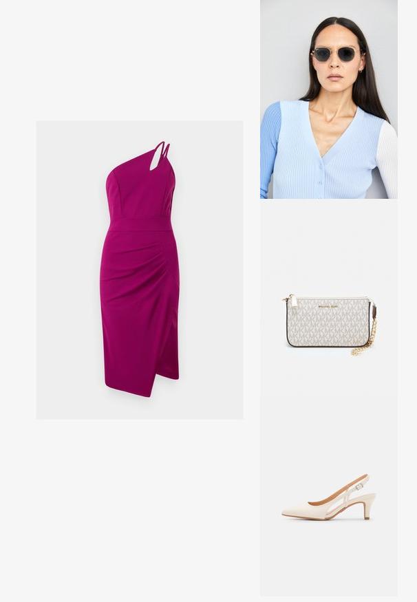 Fuksjowa sukienka na jedno ramię z wycięciem, dopasowanym bodicem, marszczonym bokiem i spódnicą do kolan, wykonana z gładkiego materiału.; Biała szpilka slingback z ostrym noskiem, gładkim materiałem wierzchnim, niskim obcasem blokowym oraz wycięciami po bokach i regulowanym paskiem z klamrą.; Okrągłe okulary przeciwsłoneczne z ciemnymi soczewkami i złotymi ramkami. Modelka nosi jasnoniebieski kardigan w prążki z guzikami i białymi rękawami w kontrastowym kolorze.; Portfel na nadgarstek marki Michael Kors w beżowej, pokrytej płótnem, z powtarzającym się wzorem logo MK, złotym okuciem i odpinanym łańcuszkowym paskiem.