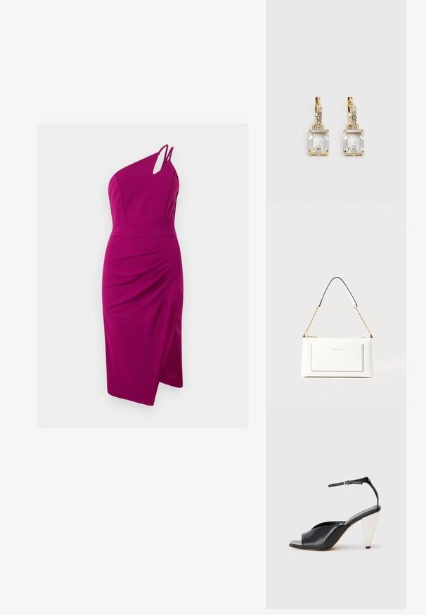Vestido fúcsia de um ombro só com detalhe recortado, corpete ajustado, lado franzido e saia até ao joelho, feito de tecido suave.; Sandal de salto alto em couro preto com bico aberto, design assimétrico, tira no tornozelo e um salto metálico em forma de cone. Textura suave por toda a parte.; Bolsa de mão branca em couro com acabamento texturizado, featuring a corrente dourada e detalhes pretos. Inclui um bolso frontal e fecho com zipper.; Brincos em tom de ouro com um cristal retangular claro pendurado abaixo de uma linha de pequenos acentos redondos claros. Design elegante e moderno.