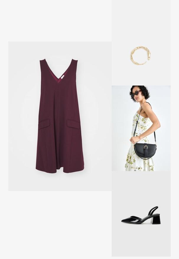 YAS YASMALEA WIDE - Trikotaažkleit - winetasting; Mustad musta lakknahk kingad, millel on terav varvas ja geomeetriline plokkkonts. Omab elegantselt minimalistlikku disaini ja sujuvat tekstuuri.; Mustmust mustraha kõverate joontega, eemaldatava rihmaga ja kuldsete detailidega. Kotil on klapp, millel on pandladetail.; Kuldtoonis sõrmus, millel on orgaaniline, keerdunud disain sileda tekstuuri ja kitsenevate otstega, luues kaasaegse skulptuurilise välimuse.