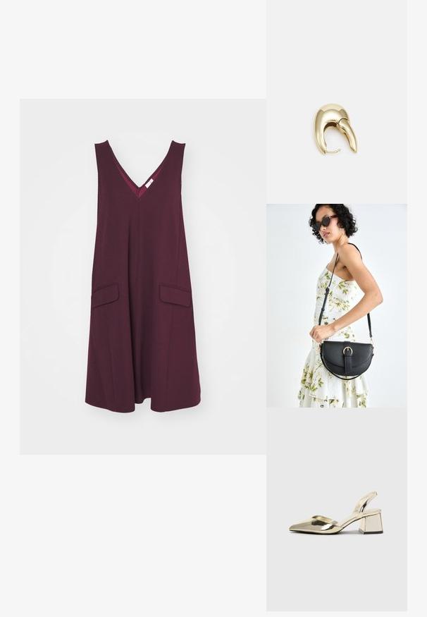 YAS YASMALEA WIDE - Jerseykjole - winetasting; Gull, metallisk slingback-hæler med spiss tå og chunky hæl. Glatt tekstur, minimalistisk design og en smal stropp.; Svart lærveske med en buet form, avtagbar stropp og gullbeslag. Vesken har et klaff med spenne-detall.; Gullfarget metalløredobber med et elegant, buet design. Har en karakteristisk spiss form, polert overflate og hengsel-lukking.